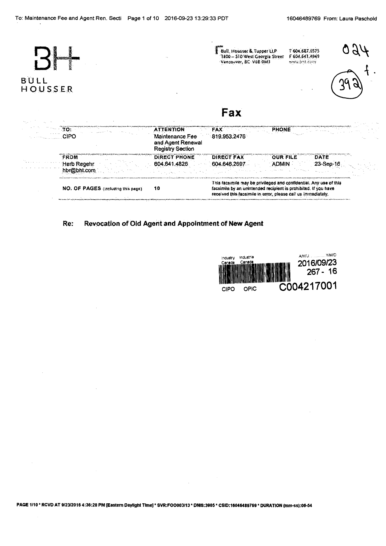 Document de brevet canadien 2872254. Correspondance 20160923. Image 1 de 10