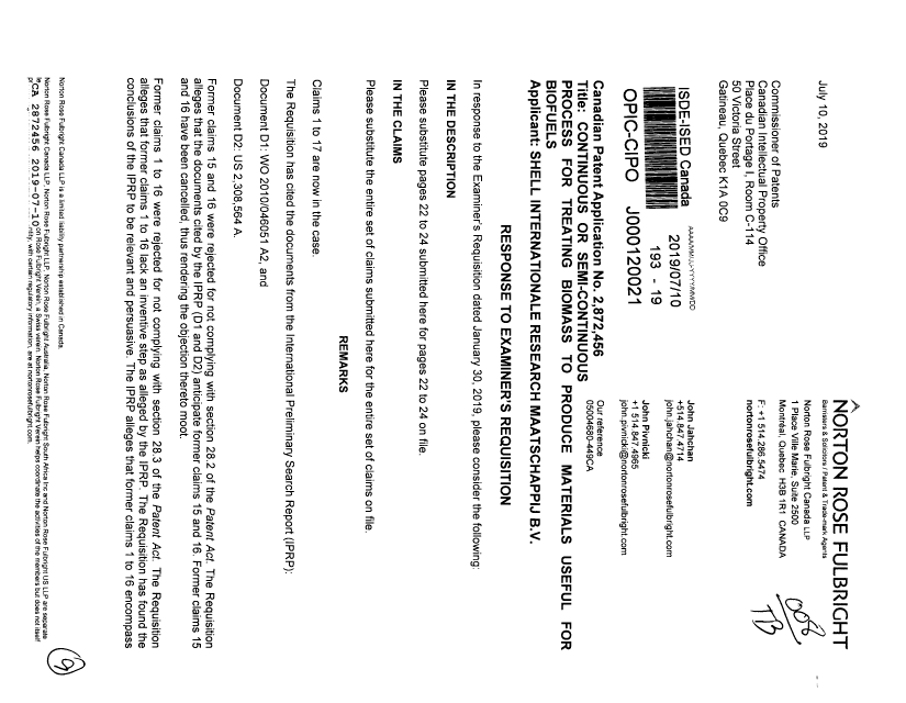 Canadian Patent Document 2872456. Amendment 20190710. Image 1 of 9