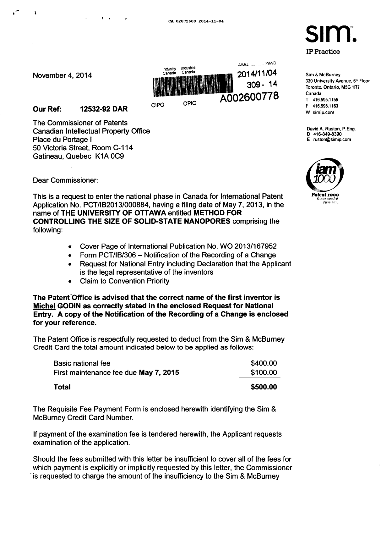 Document de brevet canadien 2872600. Cession 20141104. Image 1 de 4