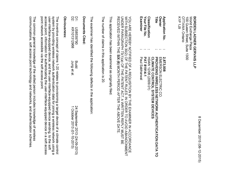 Document de brevet canadien 2873008. Demande d'examen 20151208. Image 1 de 5