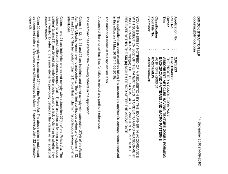 Document de brevet canadien 2873223. Demande d'examen 20160914. Image 1 de 3