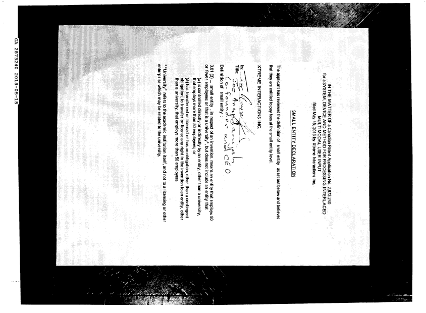 Canadian Patent Document 2873240. Small Entity Declaration 20180515. Image 3 of 3