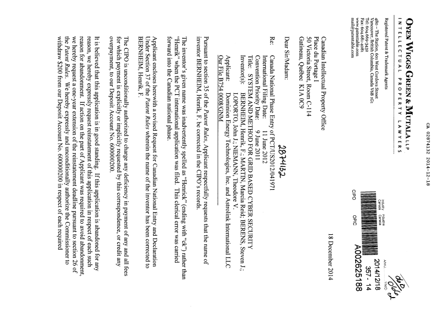 Document de brevet canadien 2874132. Correspondance 20141218. Image 1 de 4