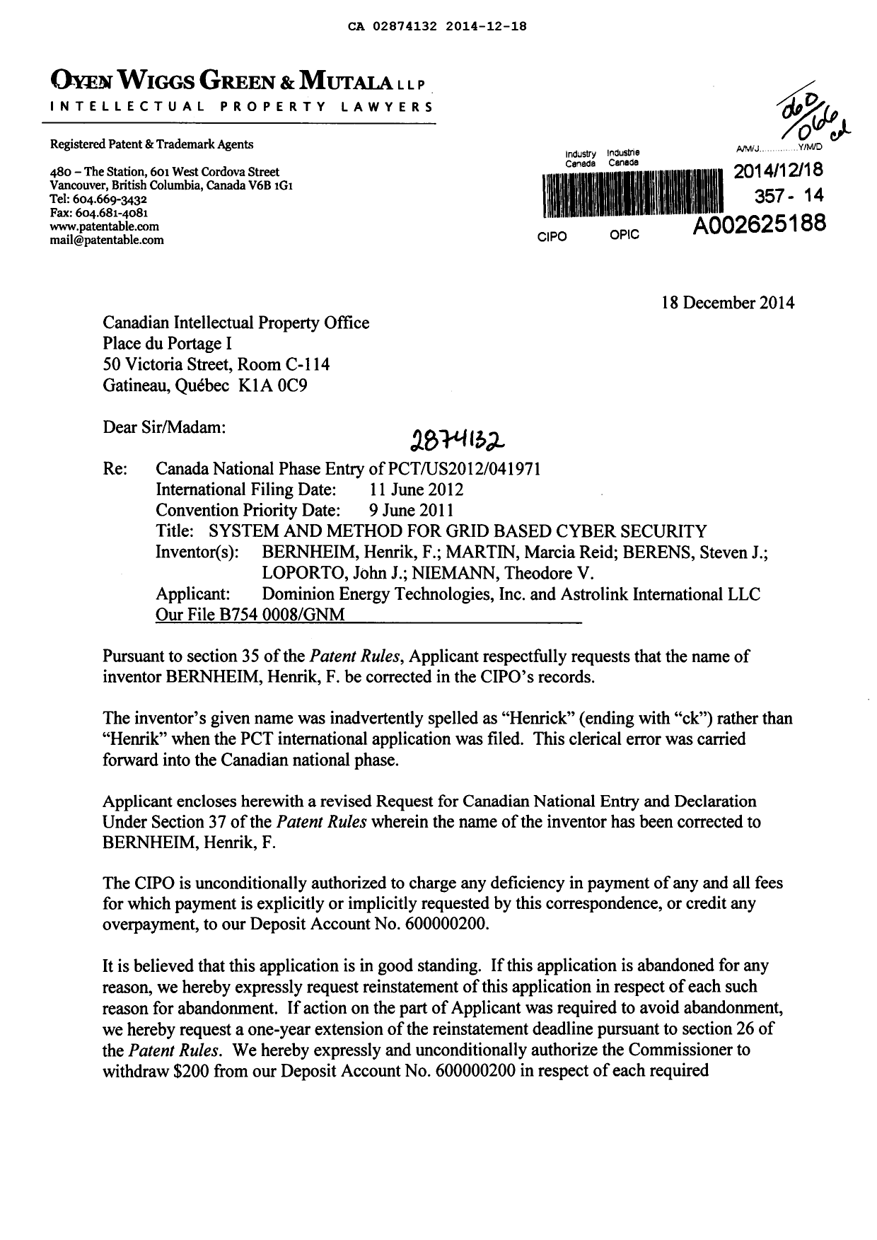 Document de brevet canadien 2874132. Correspondance 20141218. Image 1 de 4