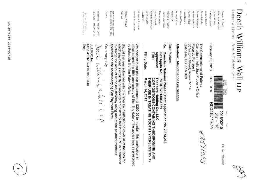 Document de brevet canadien 2874266. Paiement de taxe périodique 20180215. Image 1 de 1