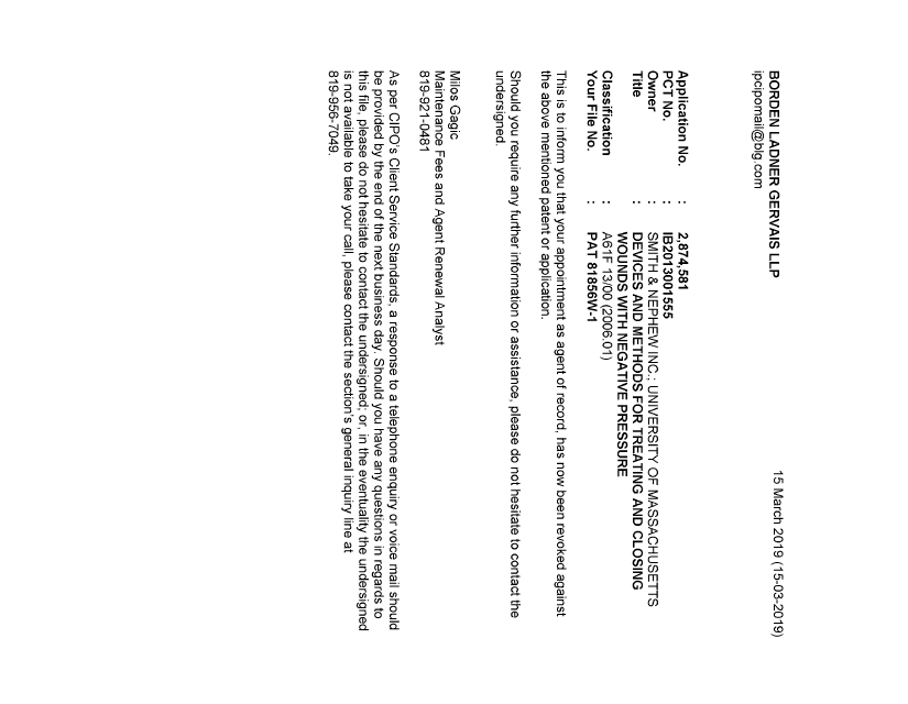 Document de brevet canadien 2874581. Lettre du bureau 20190315. Image 1 de 1