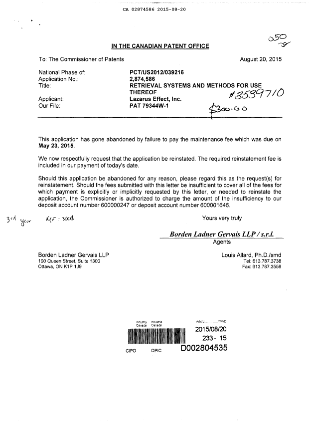 Document de brevet canadien 2874586. Paiement de taxe périodique 20150820. Image 1 de 1
