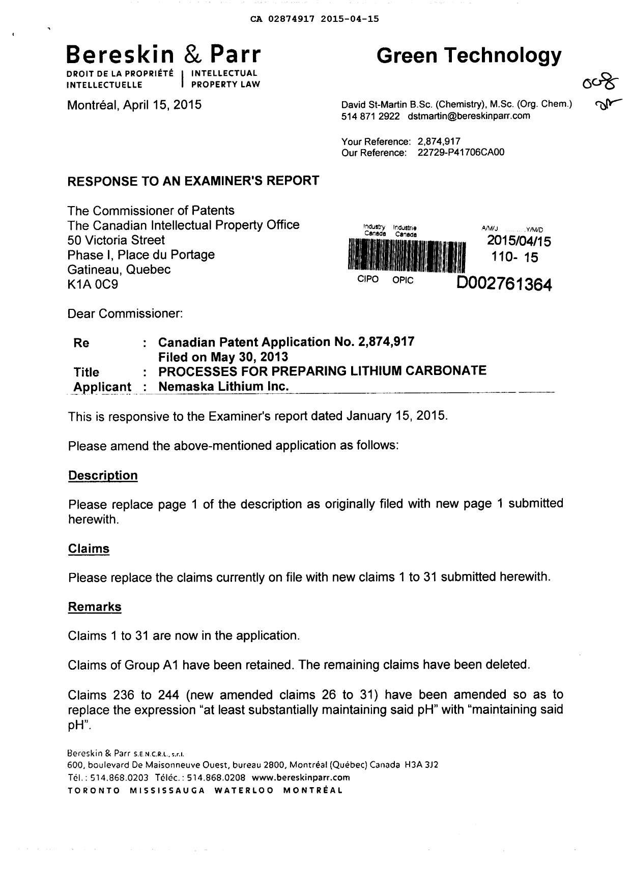 Canadian Patent Document 2874917. Prosecution-Amendment 20150415. Image 1 of 9
