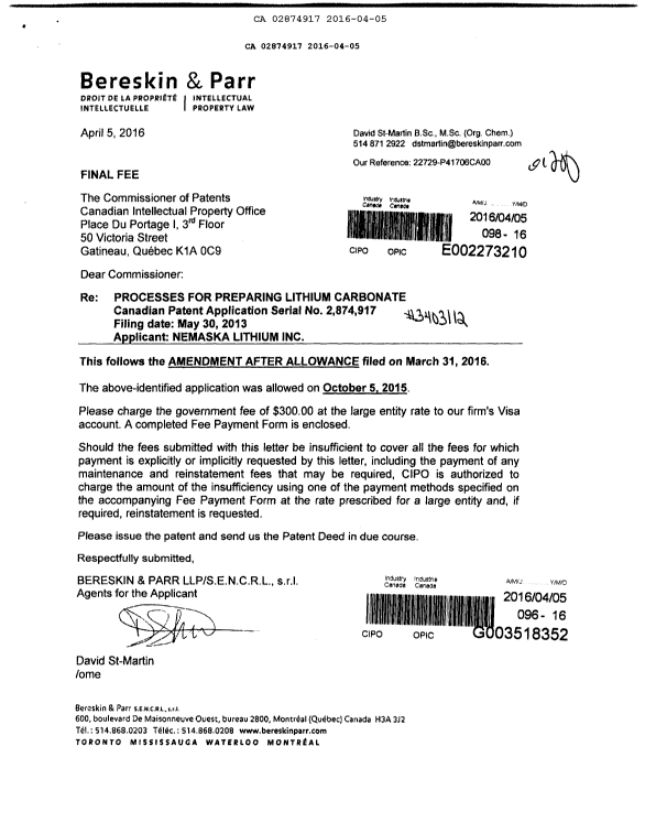 Canadian Patent Document 2874917. Correspondence 20160405. Image 1 of 1