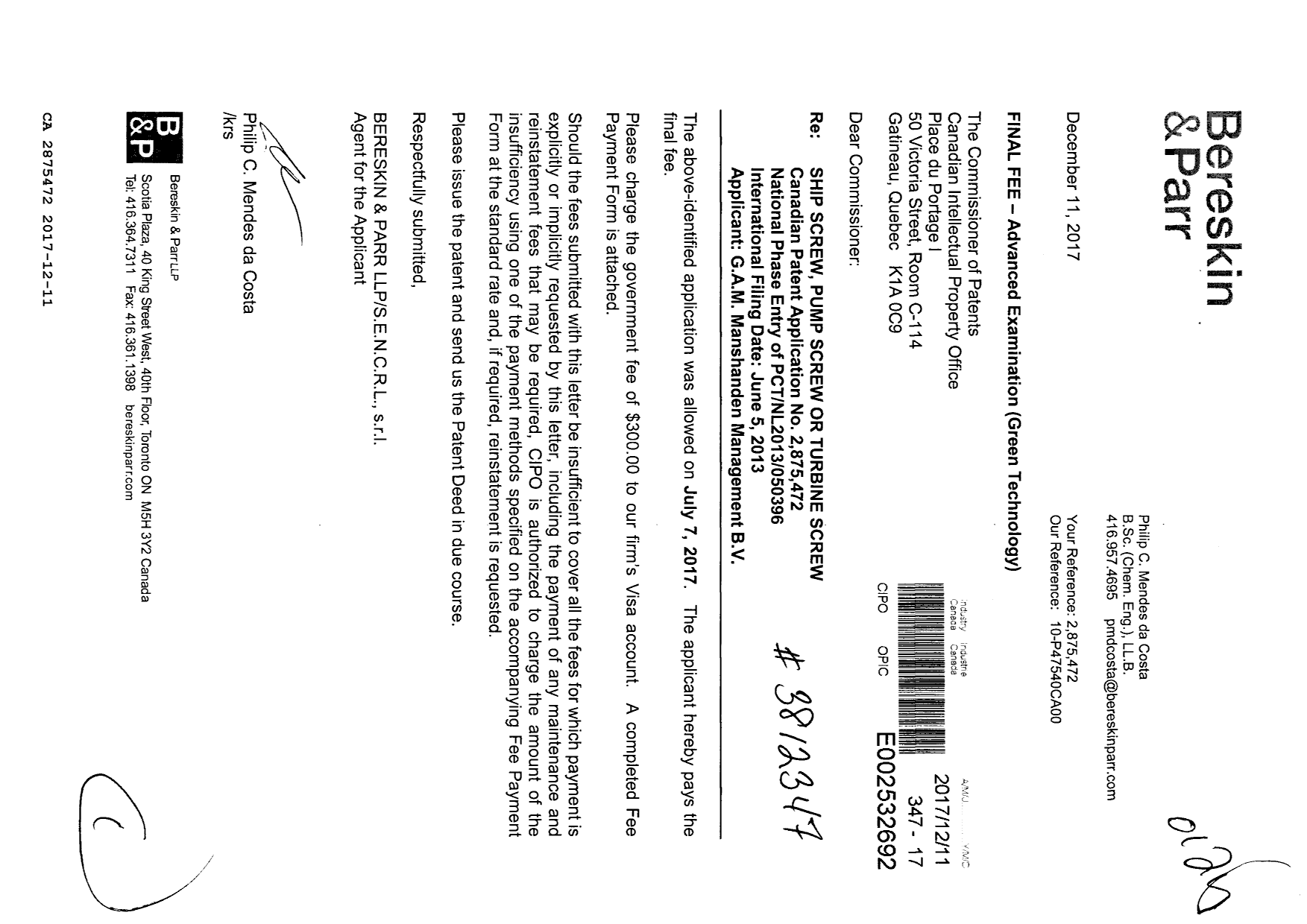 Document de brevet canadien 2875472. Correspondance 20161211. Image 1 de 1