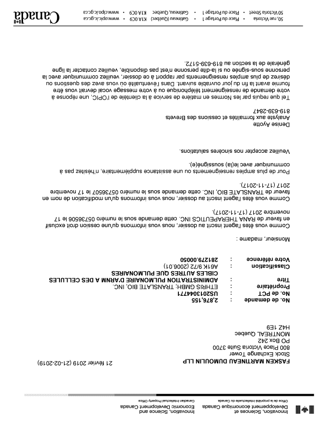 Document de brevet canadien 2876155. Lettre du bureau 20190221. Image 1 de 1