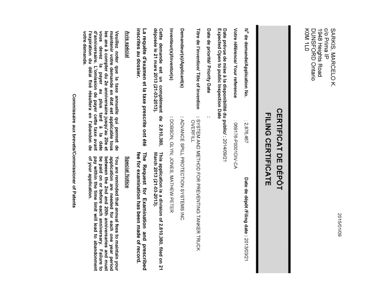 Document de brevet canadien 2876467. Correspondance 20150109. Image 1 de 1