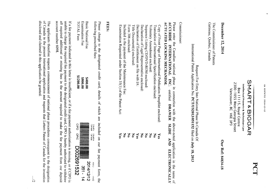 Document de brevet canadien 2876722. Cession 20141212. Image 1 de 3