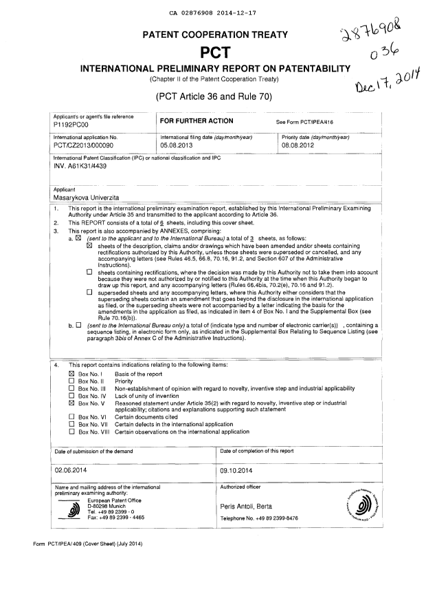 Document de brevet canadien 2876908. Rapport d'examen préliminaire international 20141217. Image 1 de 9