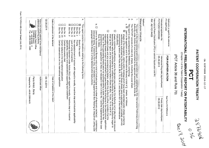 Canadian Patent Document 2876908. International Preliminary Examination Report 20141217. Image 1 of 9