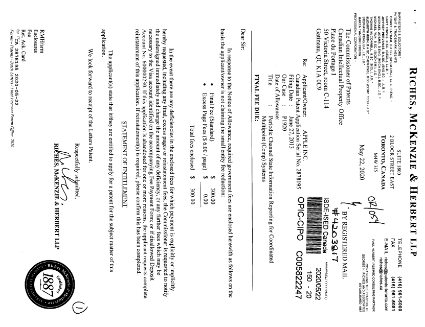 Document de brevet canadien 2878195. Taxe finale 20200522. Image 1 de 1