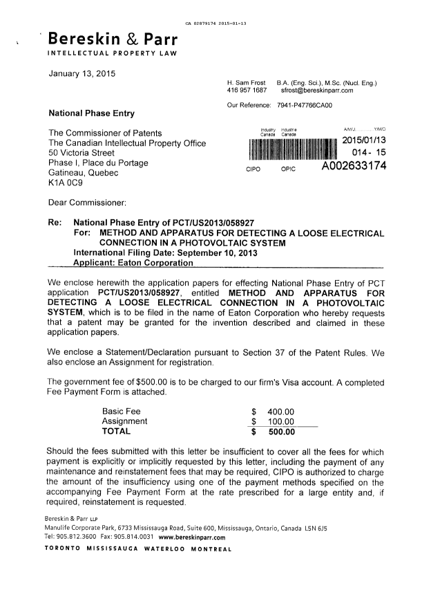 Document de brevet canadien 2879174. Cession 20150113. Image 1 de 15