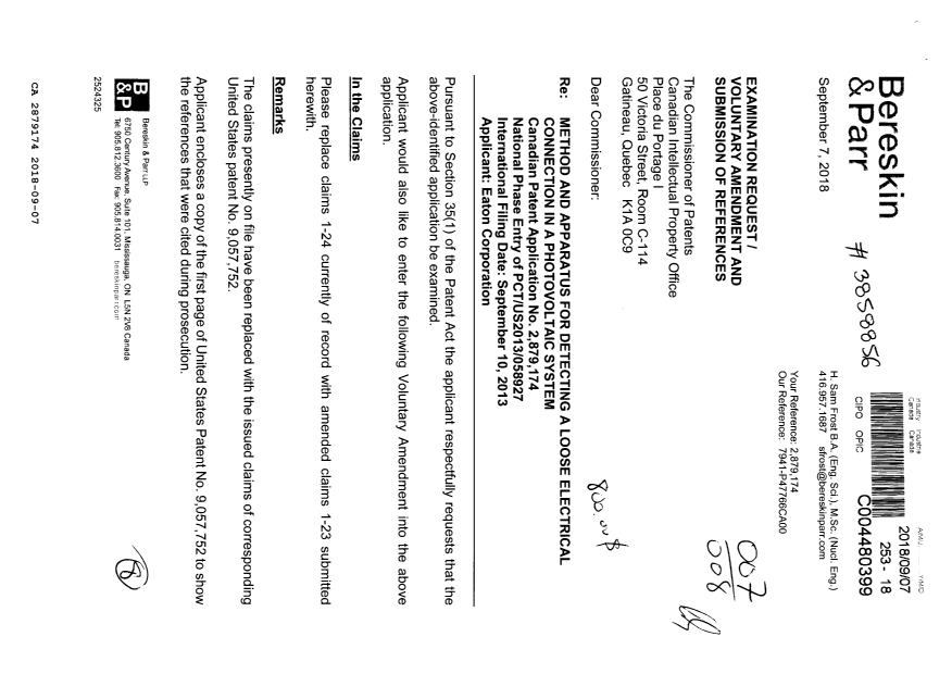 Canadian Patent Document 2879174. Amendment 20180907. Image 1 of 8