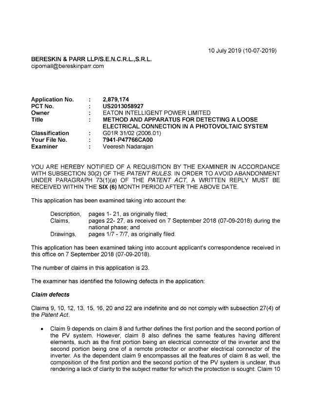 Document de brevet canadien 2879174. Demande d'examen 20190710. Image 1 de 3