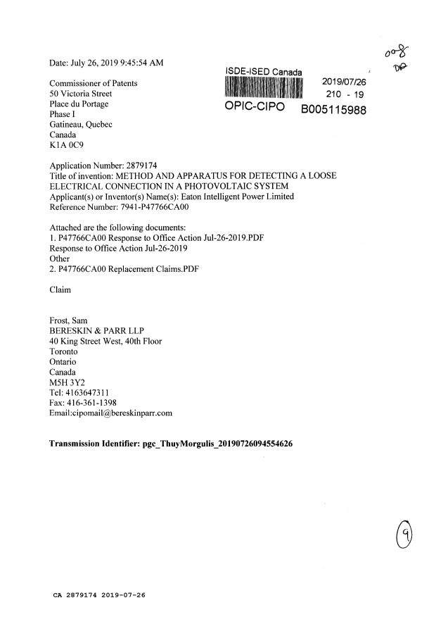 Document de brevet canadien 2879174. Modification 20190726. Image 1 de 9