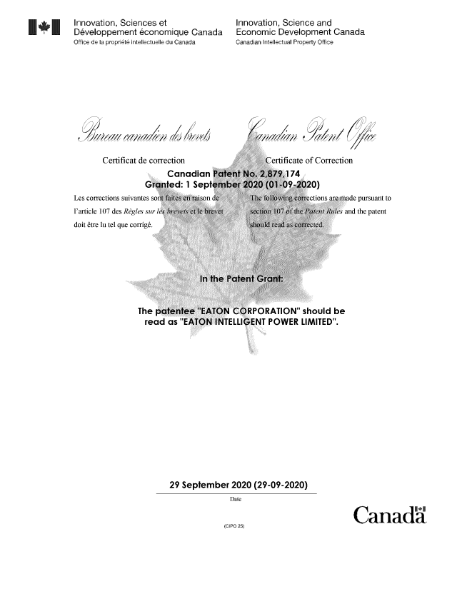 Canadian Patent Document 2879174. Correction Certificate 20200929. Image 2 of 2
