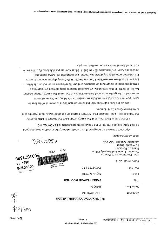 Canadian Patent Document 2879554. Assignment 20150226. Image 1 of 11