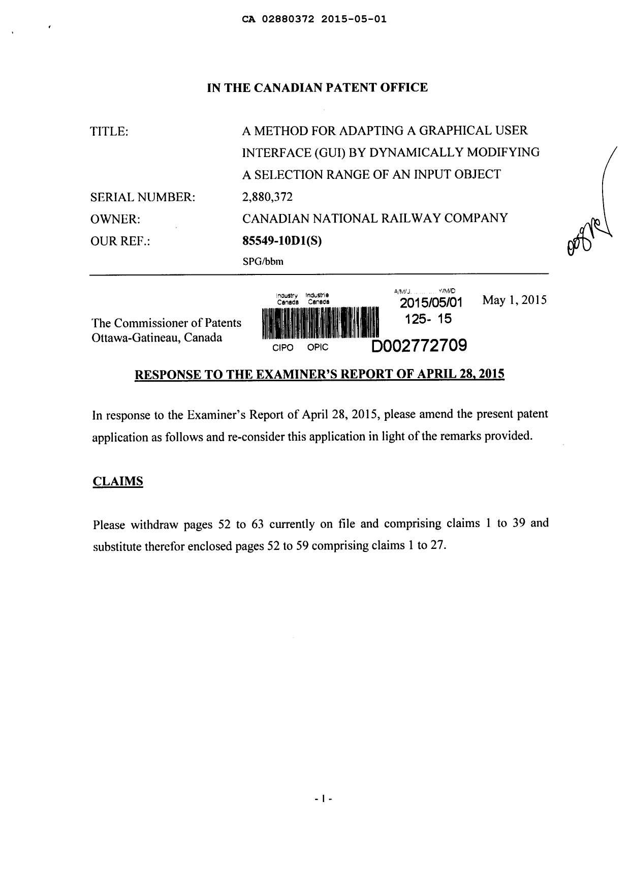 Document de brevet canadien 2880372. Poursuite-Amendment 20141201. Image 1 de 12