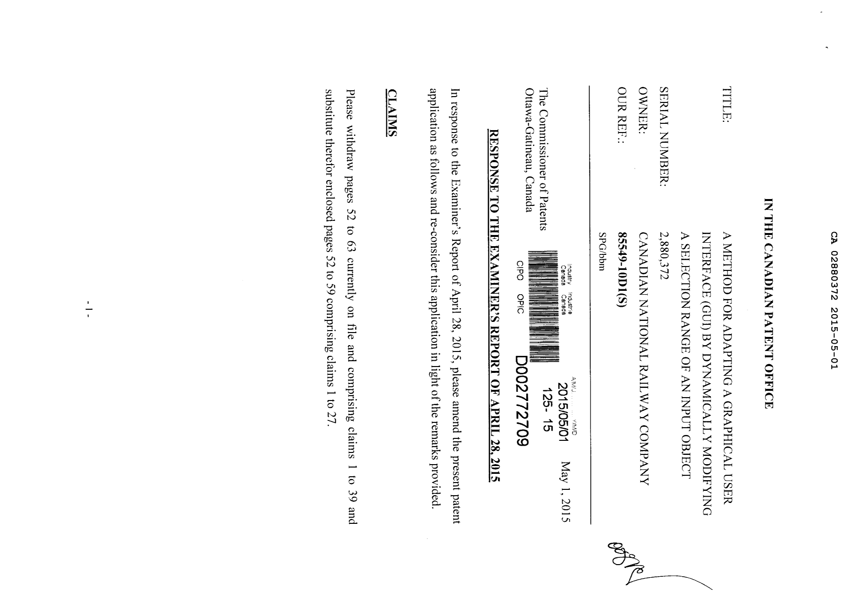 Document de brevet canadien 2880372. Poursuite-Amendment 20141201. Image 1 de 12