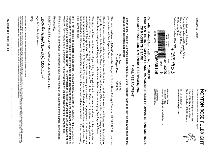 Document de brevet canadien 2880426. Taxe finale 20190220. Image 1 de 1