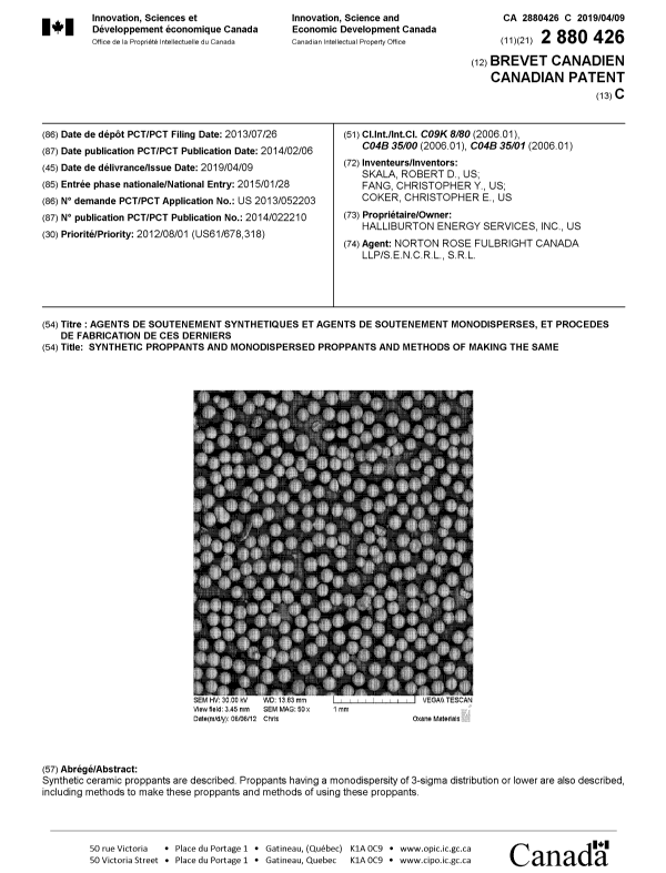 Document de brevet canadien 2880426. Page couverture 20190307. Image 1 de 1