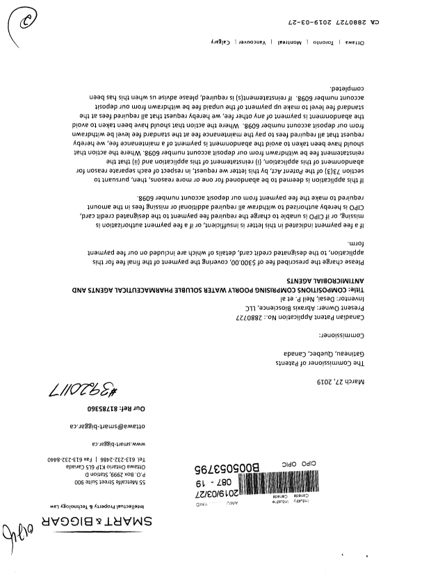 Canadian Patent Document 2880727. Final Fee 20190327. Image 1 of 2