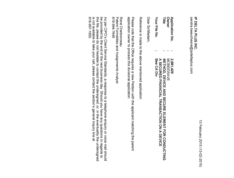 Document de brevet canadien 2881429. Correspondance 20150213. Image 1 de 1