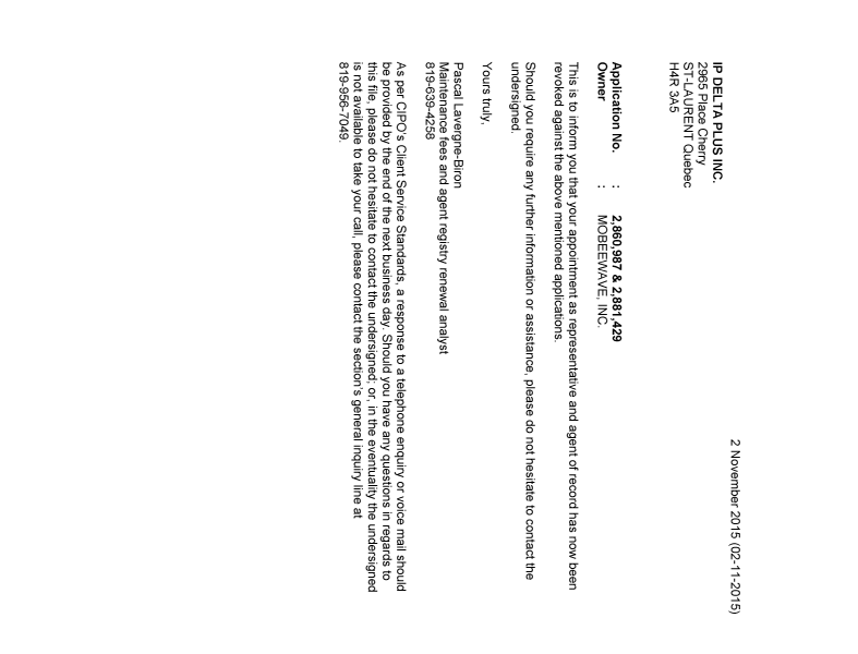 Document de brevet canadien 2881429. Lettre du bureau 20151102. Image 1 de 1