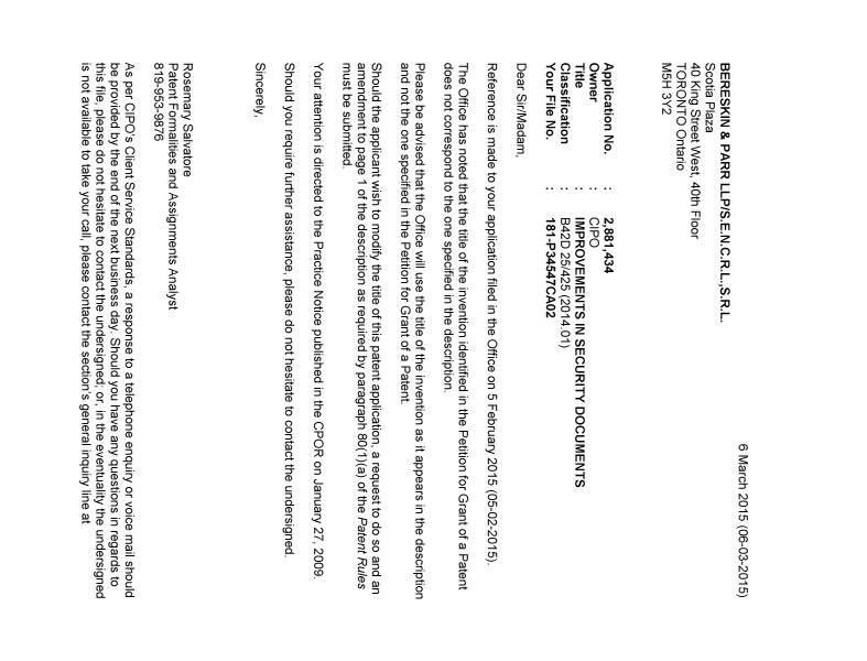 Document de brevet canadien 2881434. Correspondance 20150306. Image 1 de 2