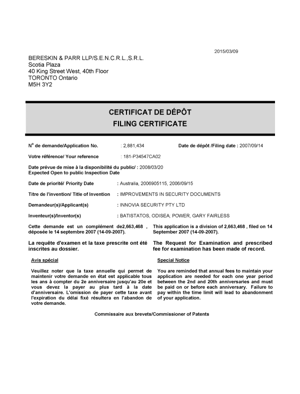 Canadian Patent Document 2881434. Correspondence 20150309. Image 1 of 1