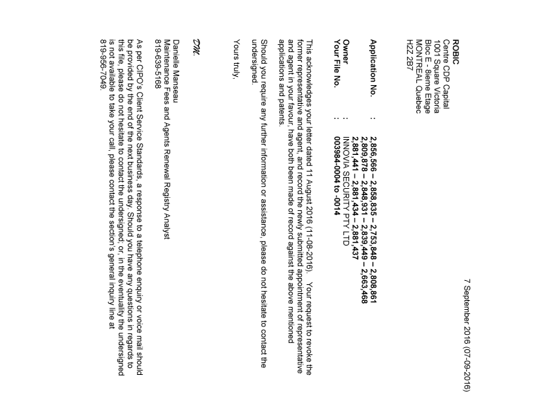 Document de brevet canadien 2881434. Lettre du bureau 20160907. Image 1 de 1