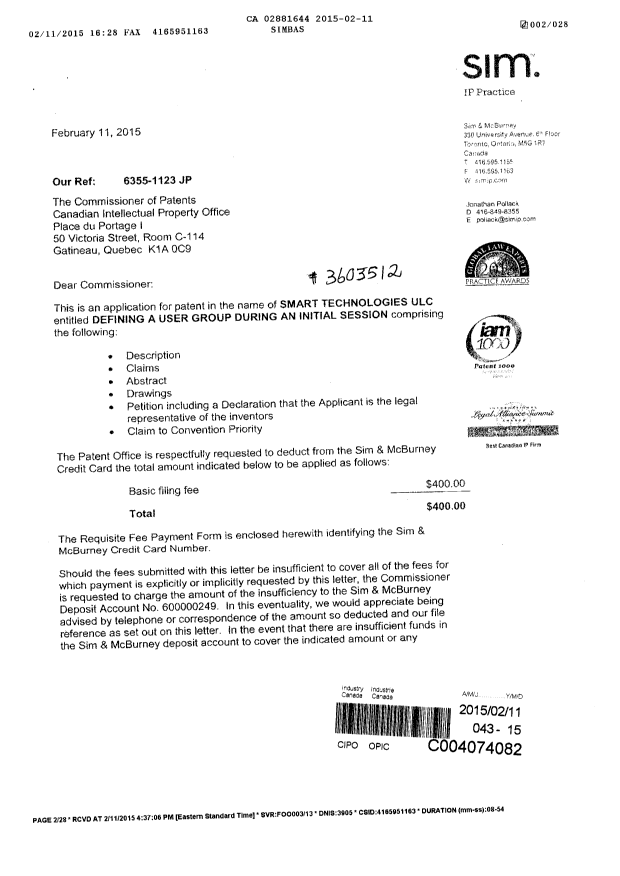 Document de brevet canadien 2881644. Cession 20150211. Image 1 de 5