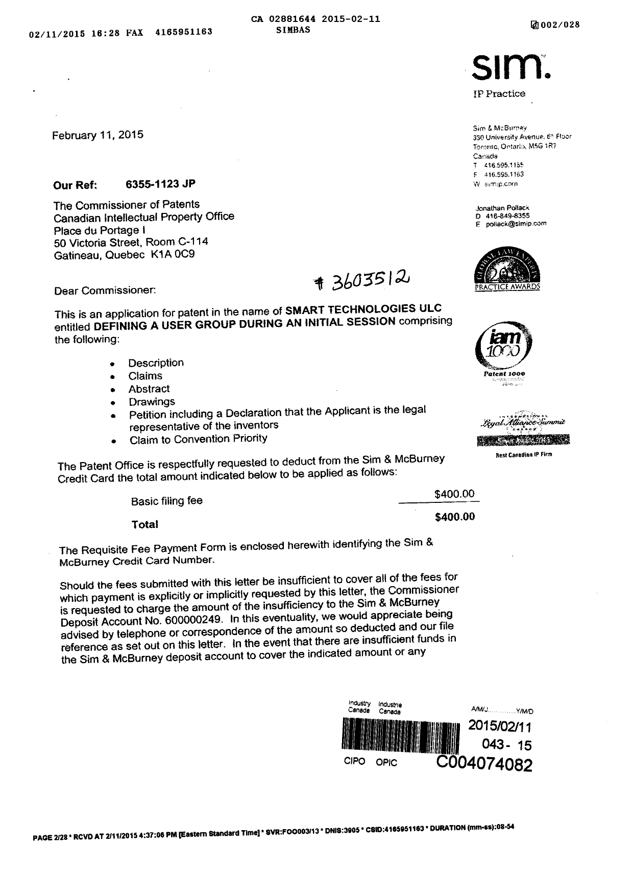 Document de brevet canadien 2881644. Cession 20150211. Image 1 de 5