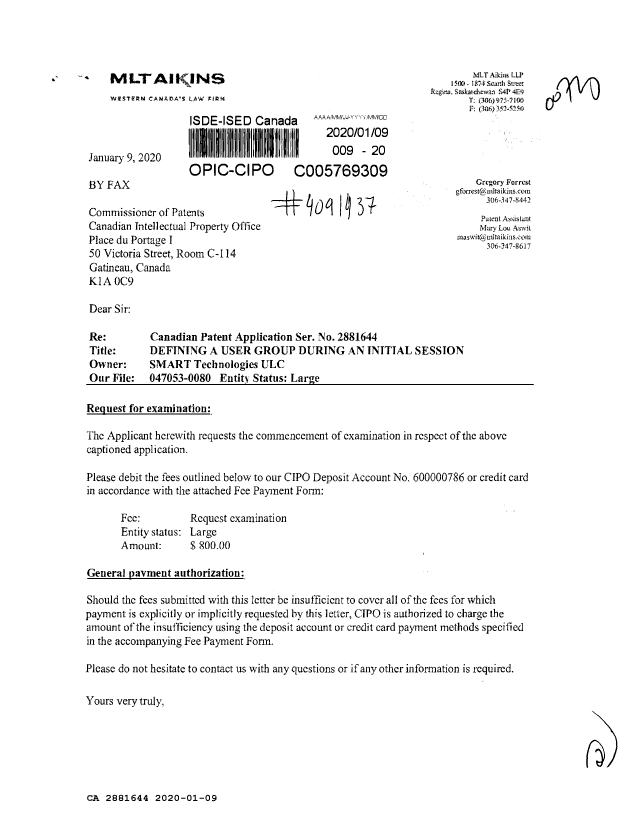 Document de brevet canadien 2881644. Requête d'examen 20200109. Image 1 de 2