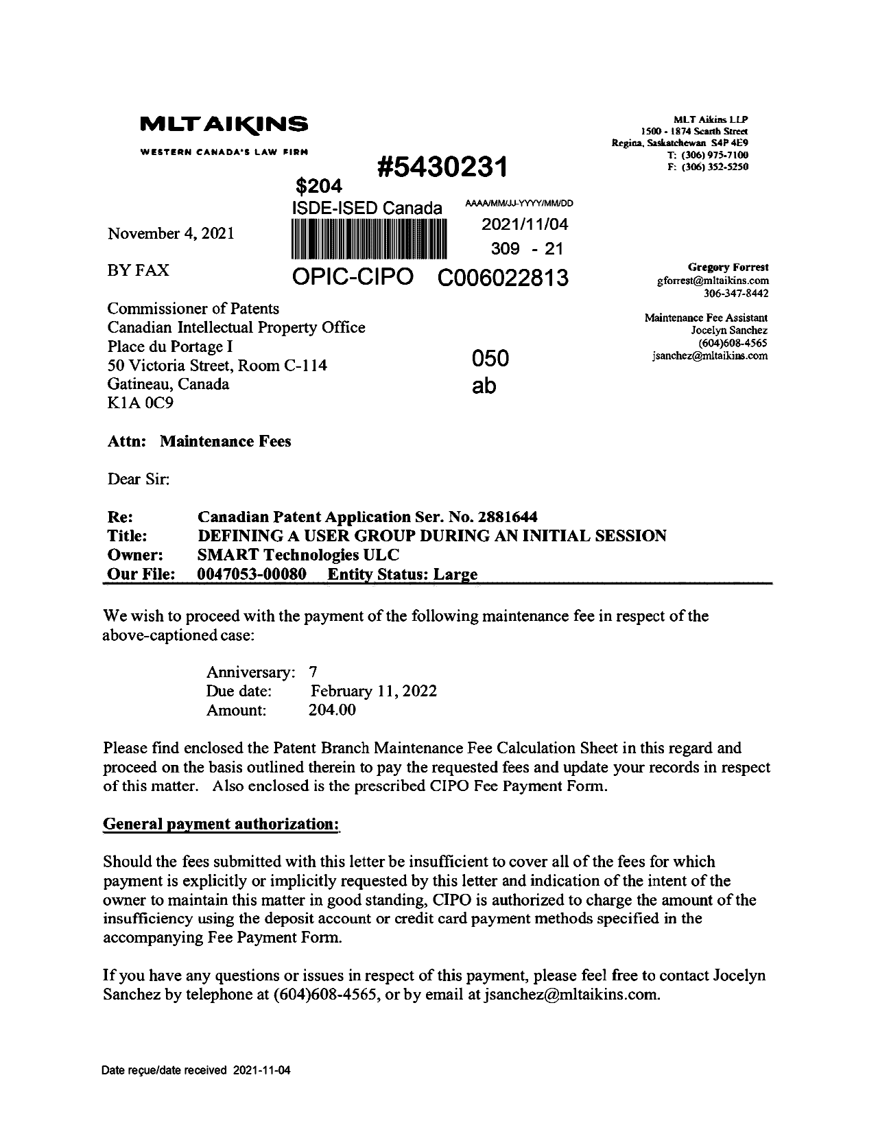 Canadian Patent Document 2881644. Maintenance Fee Payment 20211104. Image 1 of 3