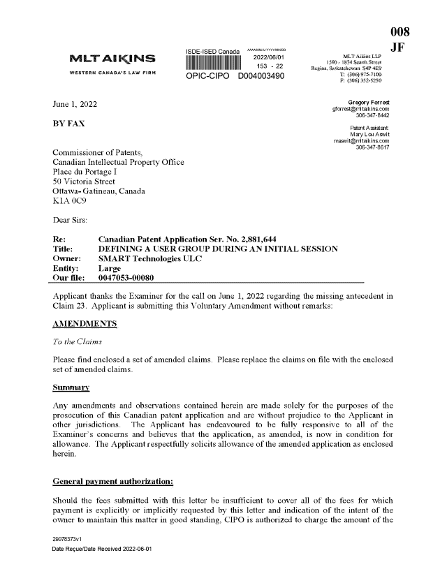 Canadian Patent Document 2881644. Amendment 20220601. Image 1 of 6