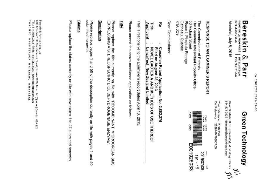 Canadian Patent Document 2882276. Prosecution-Amendment 20141208. Image 1 of 14