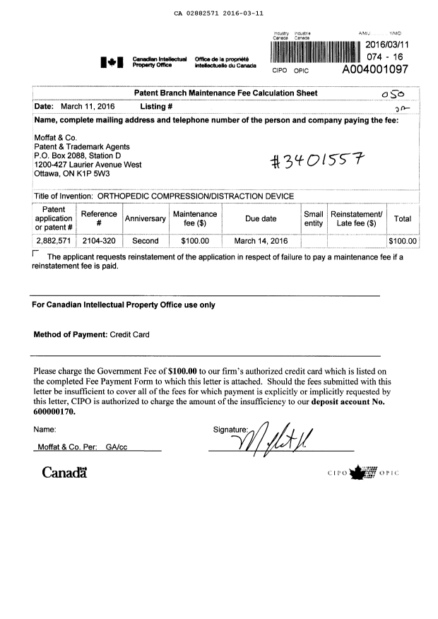 Document de brevet canadien 2882571. Paiement de taxe périodique 20160311. Image 1 de 1