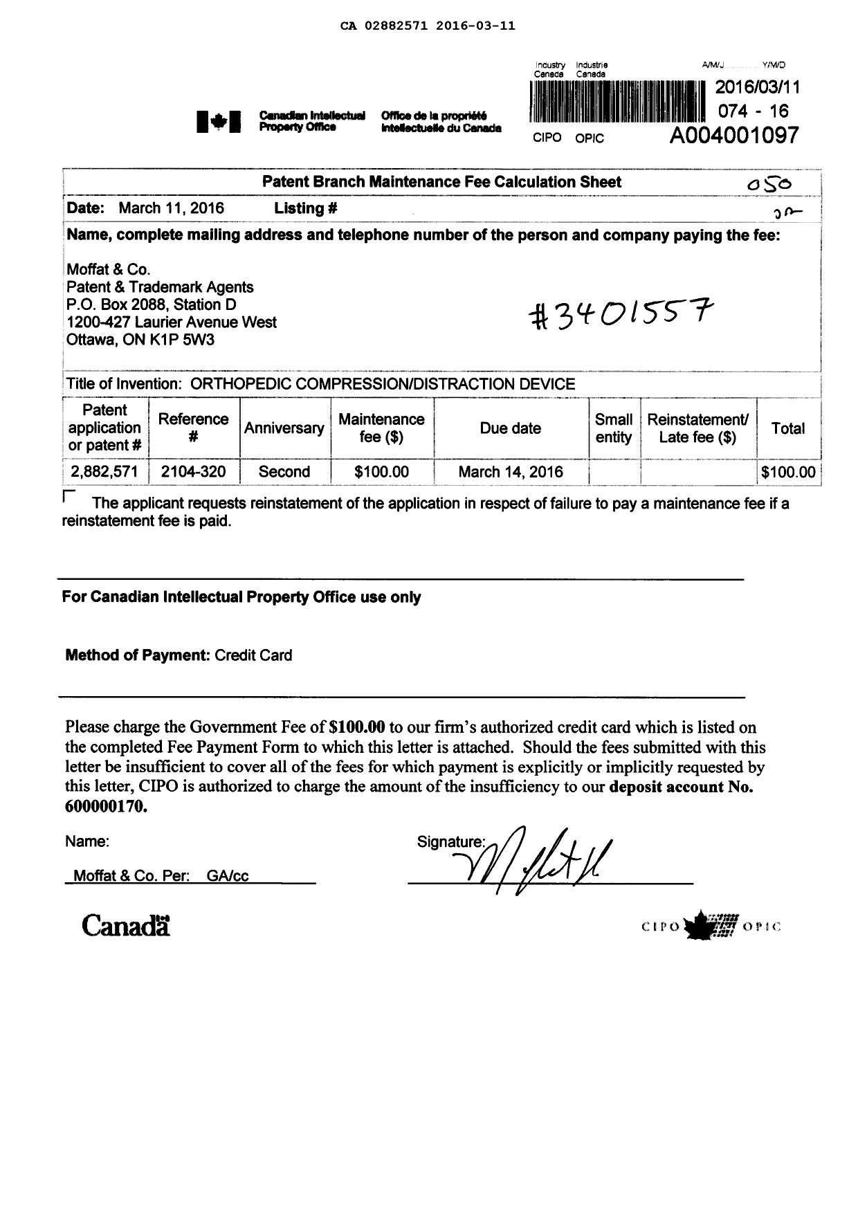 Canadian Patent Document 2882571. Maintenance Fee Payment 20160311. Image 1 of 1