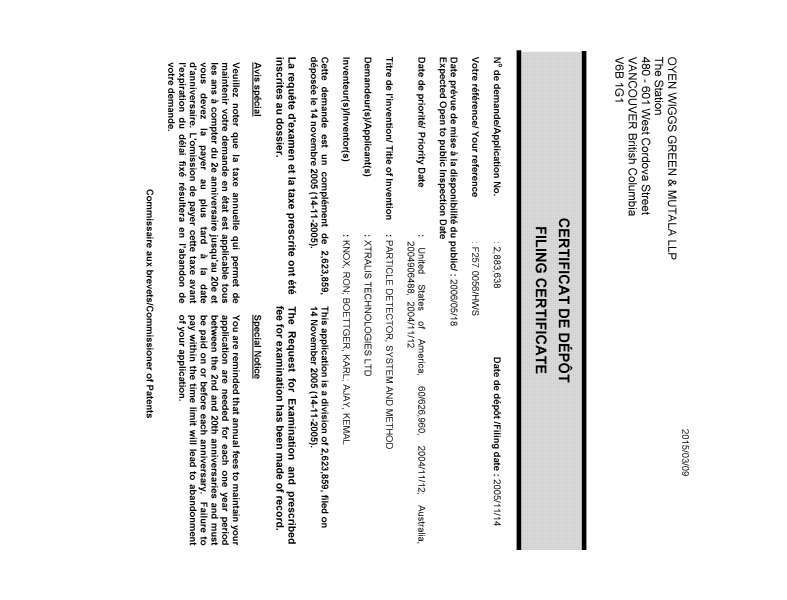 Document de brevet canadien 2883638. Correspondance 20150309. Image 1 de 1