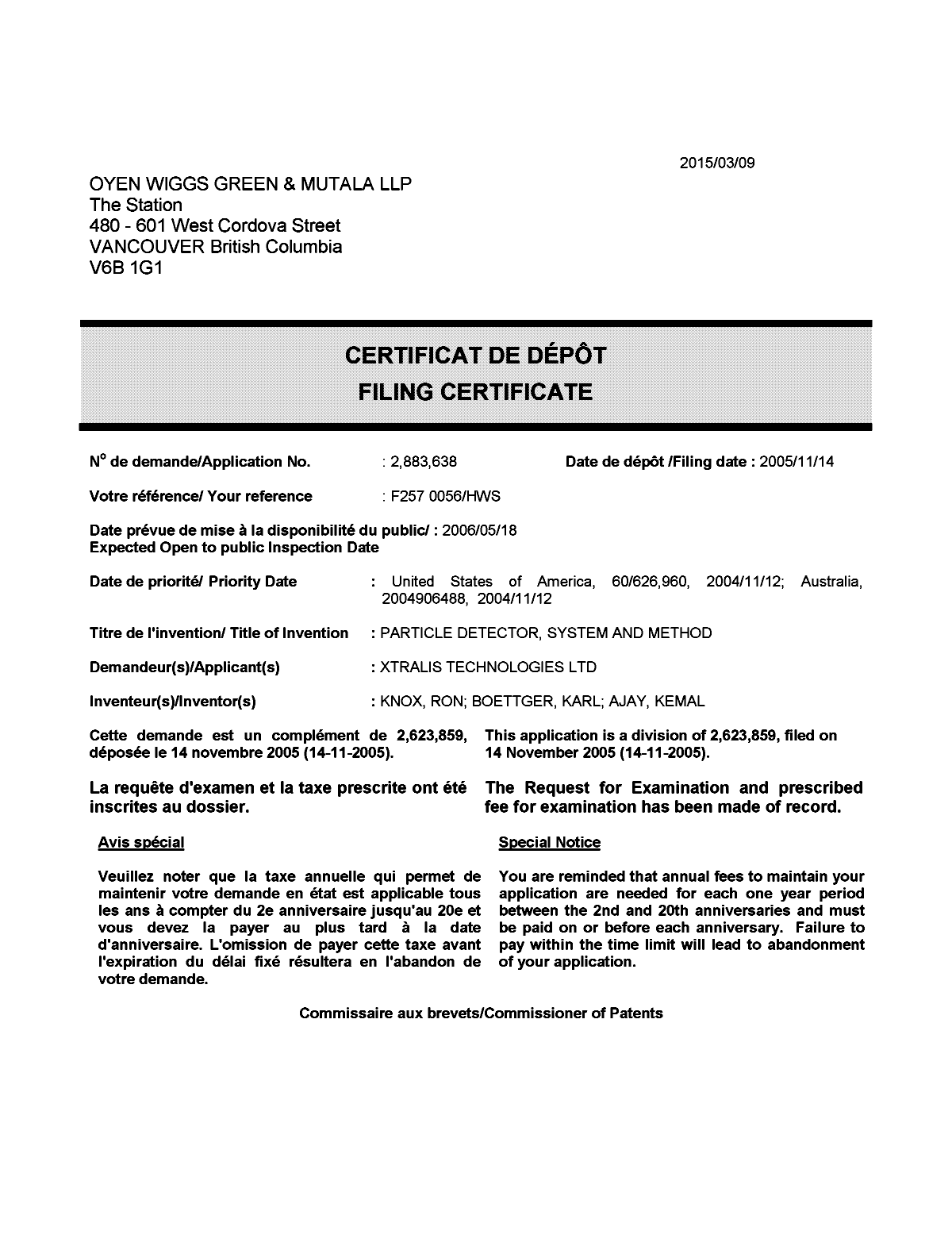 Document de brevet canadien 2883638. Correspondance 20150309. Image 1 de 1