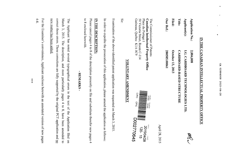 Canadian Patent Document 2884008. Prosecution-Amendment 20141228. Image 1 of 12