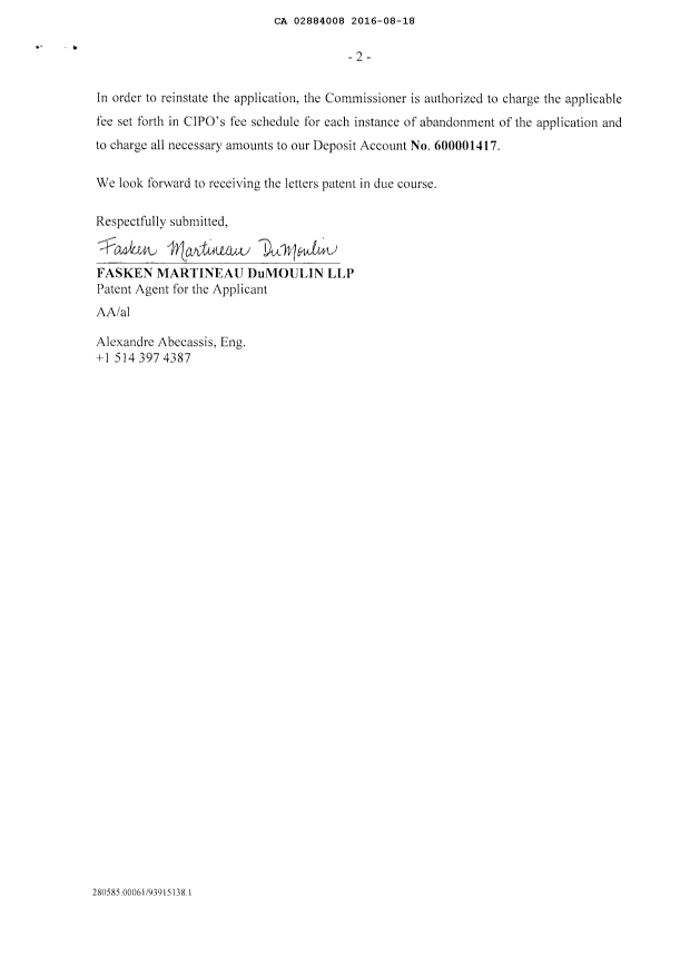 Document de brevet canadien 2884008. Correspondance 20151218. Image 2 de 2