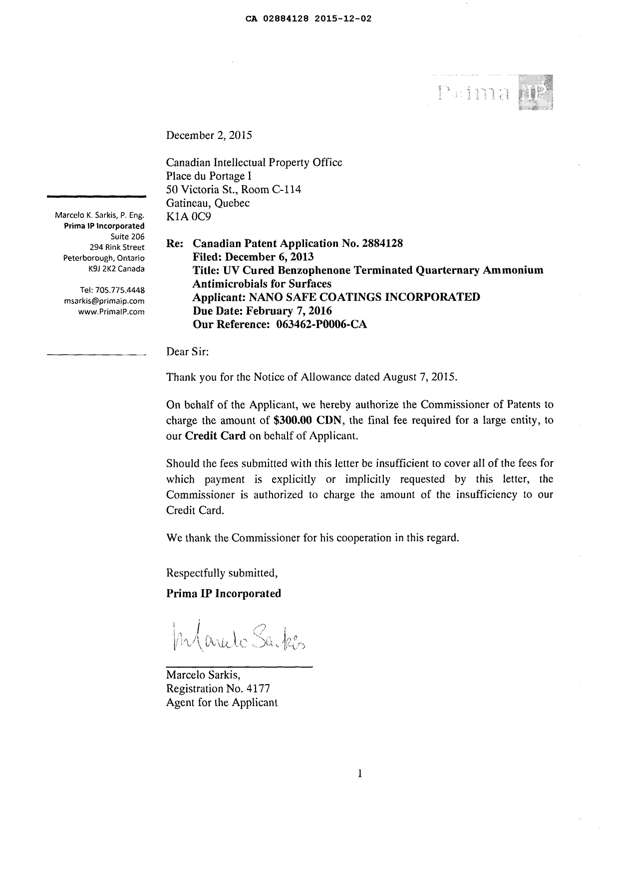 Document de brevet canadien 2884128. Correspondance 20141202. Image 2 de 2