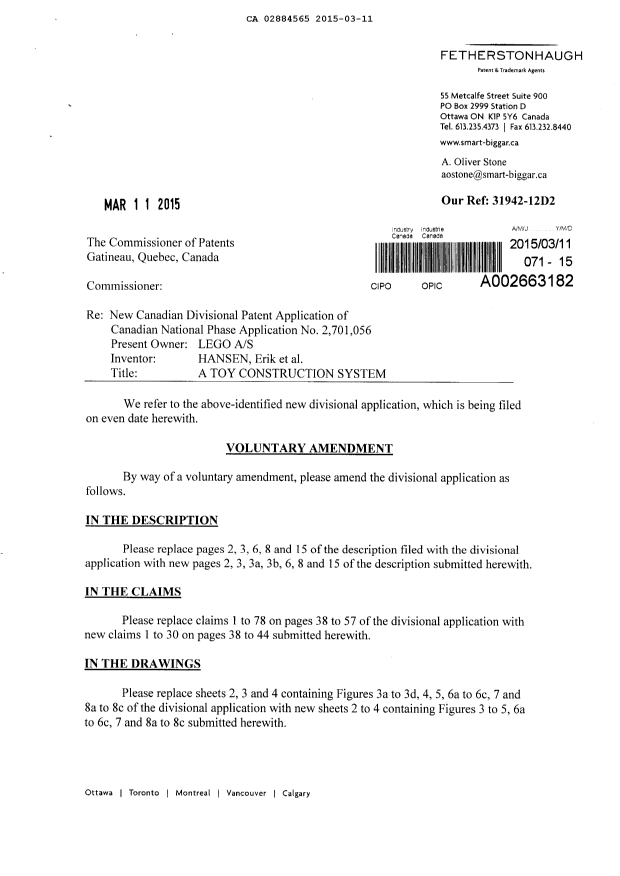 Canadian Patent Document 2884565. Prosecution-Amendment 20150311. Image 1 of 19